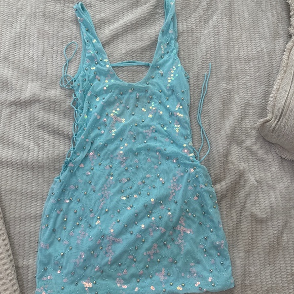 Embellished Lace-Up Mini Dress in Ice Blue - Picture 1 of 1